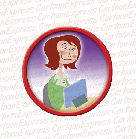 vector cartoon illustration of a female teacher at a computer